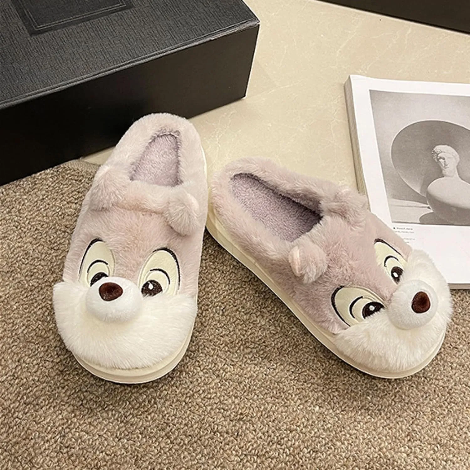 Cute Squirrel Plush Slippers Y2K Animal Cotton Stuff Slippers Home Cozy Furry Fluffy Soft Indoor House Shoes
