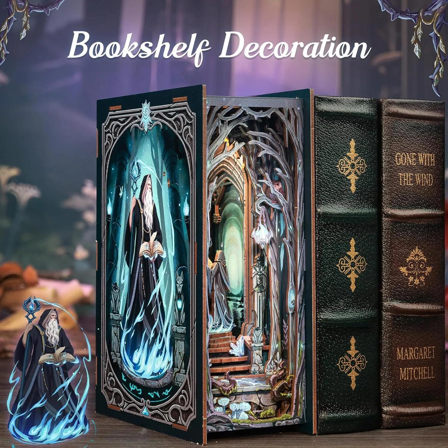 Cutefun Book Nook Kit, DIY Miniature Dollhouse Kit for Adults and Teens, 3D Wooden Puzzle Bookends, Bookshelf Insert Decor w/LED Light Dust Cover, Christmas Birthday Gifts (The Gate of Wonderland)