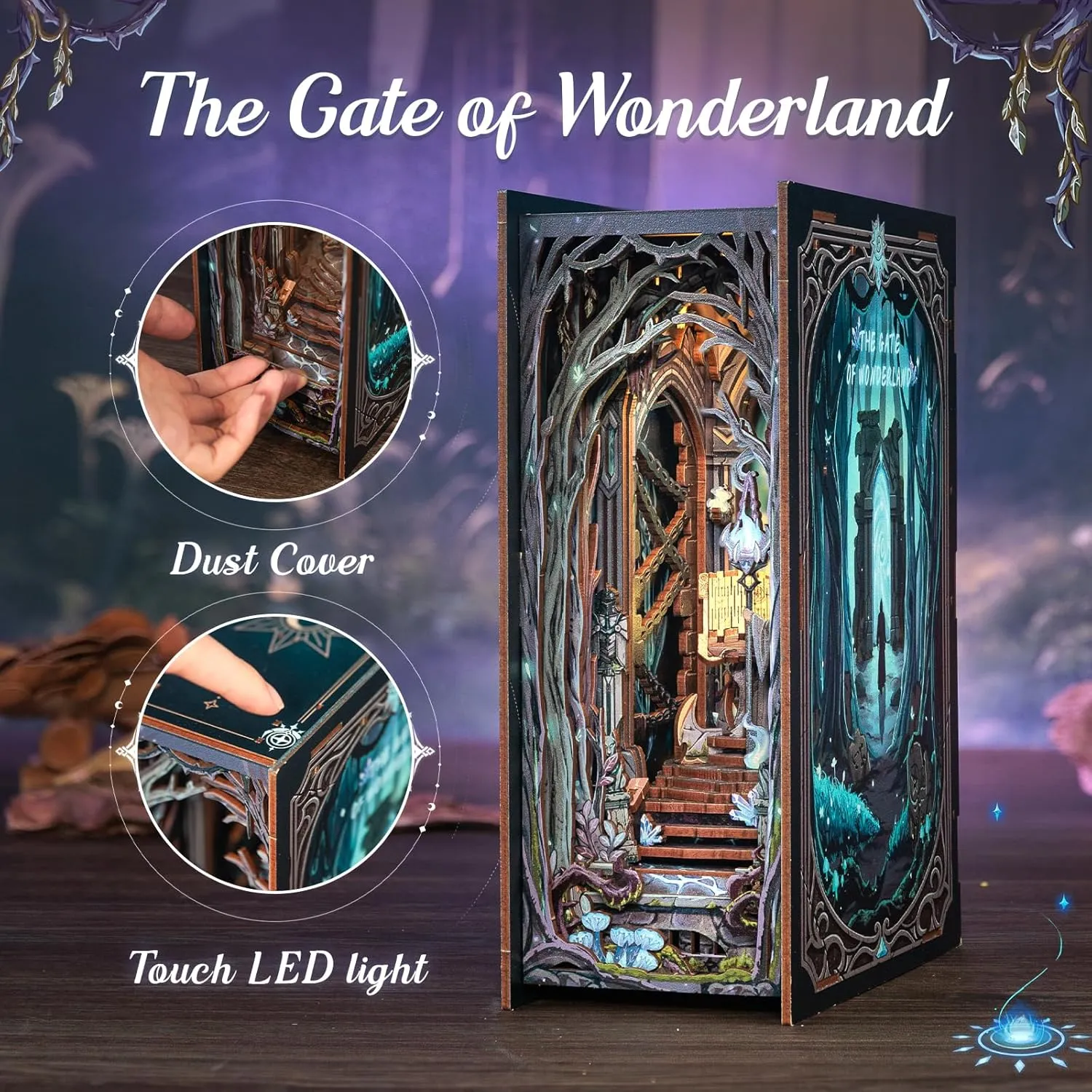 Cutefun Book Nook Kit, DIY Miniature Dollhouse Kit for Adults and Teens, 3D Wooden Puzzle Bookends, Bookshelf Insert Decor w/LED Light Dust Cover, Christmas Birthday Gifts (The Gate of Wonderland)