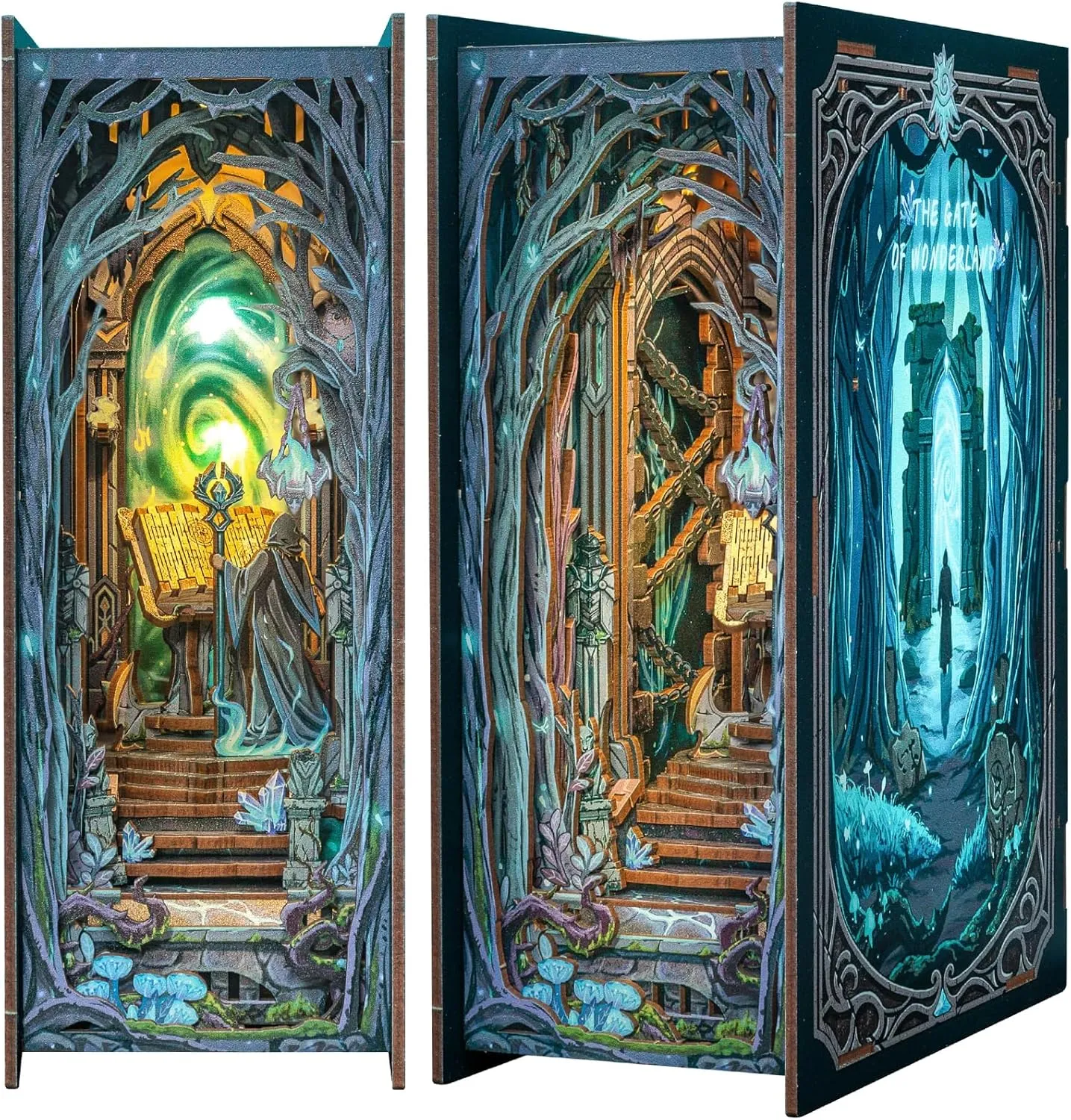 Cutefun Book Nook Kit, DIY Miniature Dollhouse Kit for Adults and Teens, 3D Wooden Puzzle Bookends, Bookshelf Insert Decor w/LED Light Dust Cover, Christmas Birthday Gifts (The Gate of Wonderland)