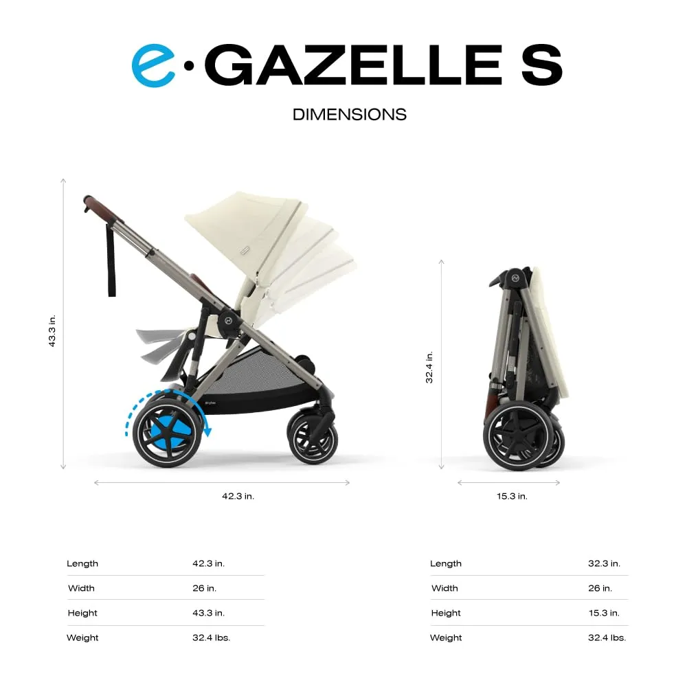 Cybex e-Gazelle S Electronic Assist Stroller – Gazelle S Single-to-Double Electric Stroller, Smart Assist, Rocking Mode, 20  Configurations & Compact Fold, Seashell Beige with Taupe Frame