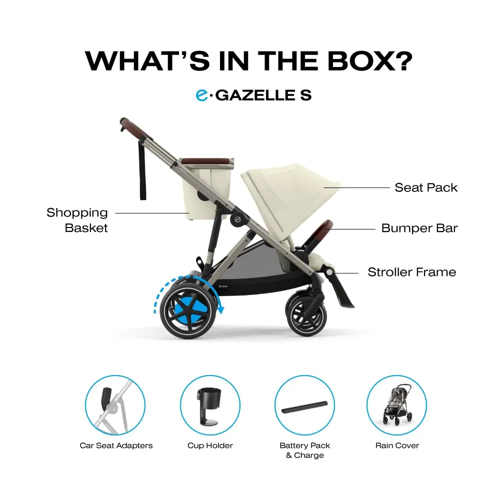 Cybex e-Gazelle S Electronic Assist Stroller – Gazelle S Single-to-Double Electric Stroller, Smart Assist, Rocking Mode, 20  Configurations & Compact Fold, Seashell Beige with Taupe Frame