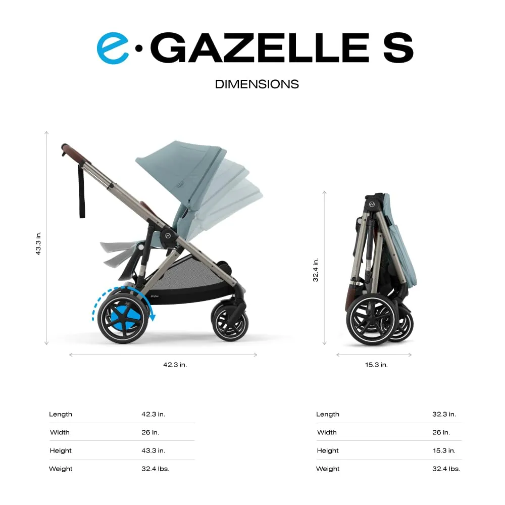 Cybex e-Gazelle S Electronic Assist Stroller – Gazelle S Single-to-Double Electric Stroller, Smart Assist, Rocking Mode, 20  Configurations & Compact Fold, Stormy Blue with Taupe Frame