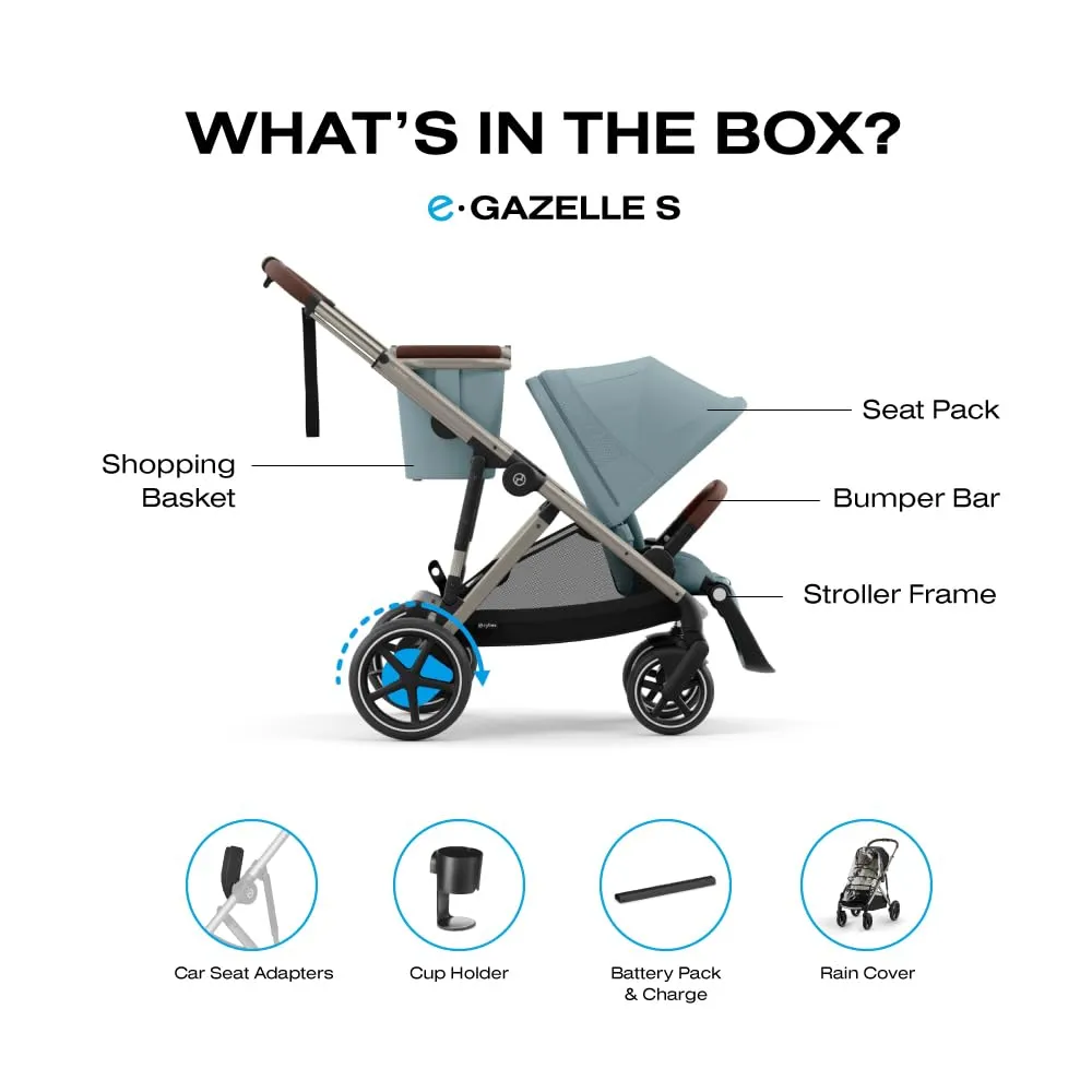 Cybex e-Gazelle S Electronic Assist Stroller – Gazelle S Single-to-Double Electric Stroller, Smart Assist, Rocking Mode, 20  Configurations & Compact Fold, Stormy Blue with Taupe Frame