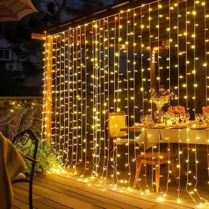Dazzle Bright 300 LED Curtain String Lights - 8 Modes, Waterproof for Parties, Warm White