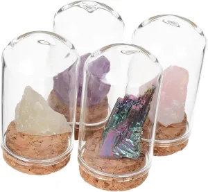 DECHOUS 4pcs Glass Cloche Domes Natural Stones Set Crystal Specimens Display for Home Educational Science Kit for Boys and Girls