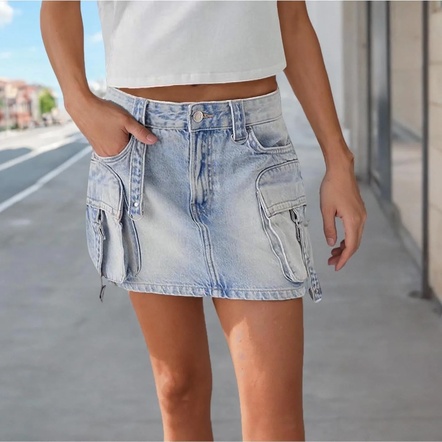 Denim Skort Skirts for Women Casual Mini Jean Skirt Stretch Low Waisted Zip Fly Cargo Denim Skirt Streetwear