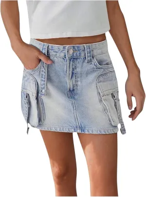 Denim Skort Skirts for Women Casual Mini Jean Skirt Stretch Low Waisted Zip Fly Cargo Denim Skirt Streetwear