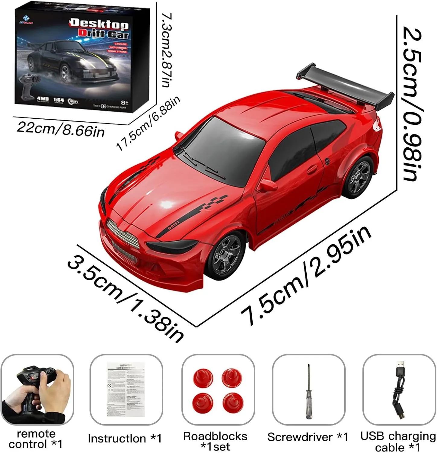 Desktop Drift Car, 1/64 Scale Mini RC Drift Car with LED Lights, Remote Control Vehicle with Electronic Locator, 4WD Mini RC Drift Cars for Race, Children's Gifts and Toys (KF20 Red)