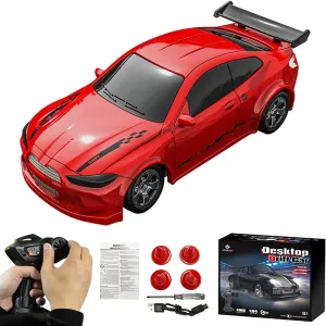 Desktop Drift Car, 1/64 Scale Mini RC Drift Car with LED Lights, Remote Control Vehicle with Electronic Locator, 4WD Mini RC Drift Cars for Race, Children's Gifts and Toys (KF20 Red)