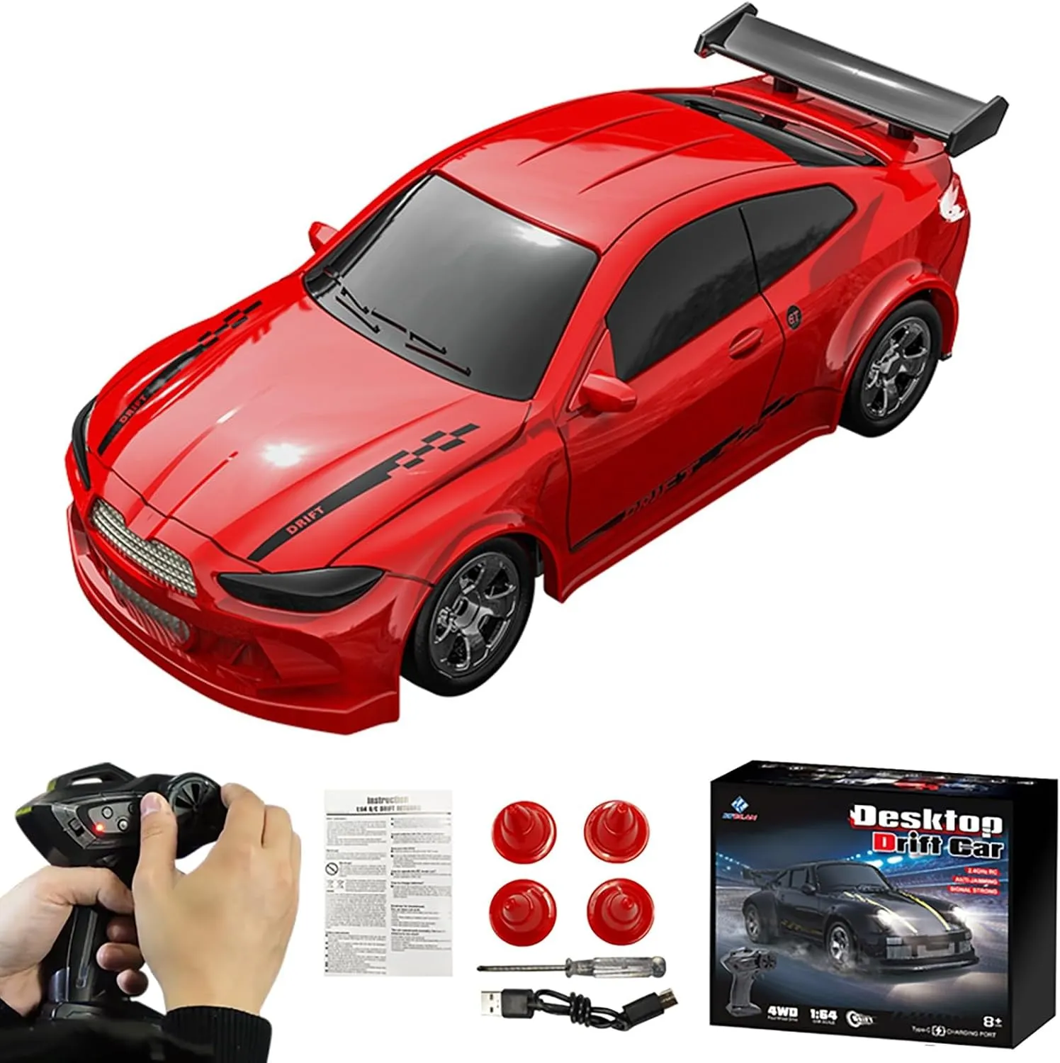 Desktop Drift Car, 1/64 Scale Mini RC Drift Car with LED Lights, Remote Control Vehicle with Electronic Locator, 4WD Mini RC Drift Cars for Race, Children's Gifts and Toys (KF20 Red)