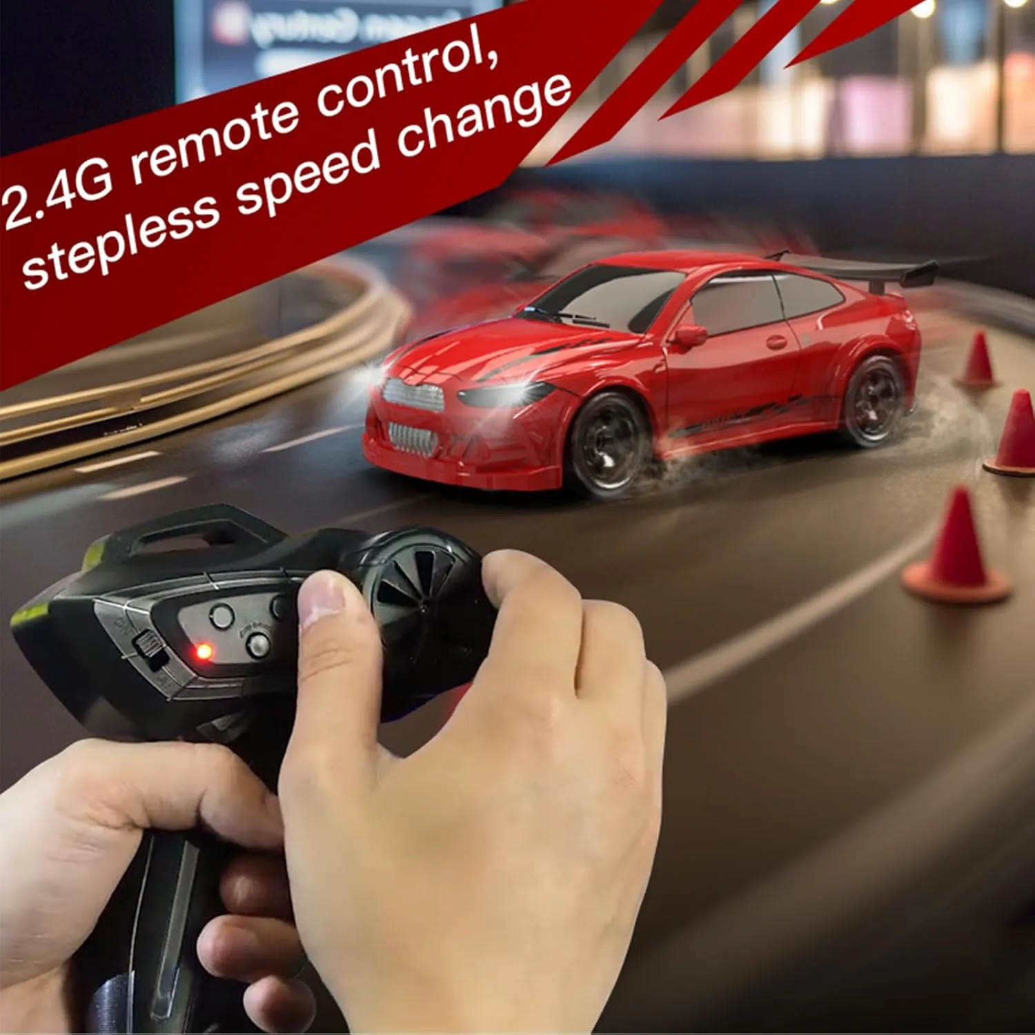 Desktop Drift Car, 1/64 Scale Mini RC Drift Car with LED Lights, Remote Control Vehicle with Electronic Locator, 4WD Mini RC Drift Cars for Race, Children's Gifts and Toys (KF20 Red)