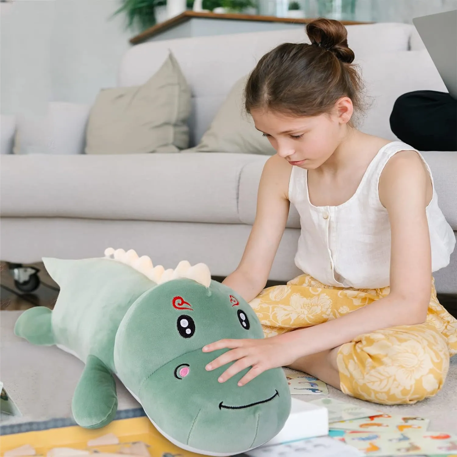 Dinosaur Plush Toy Pillow, Soft Lumbar Back Cushion Big Dinosaur Plushies Stuffed Toy Cute Pillows, Great Gift for Kids Birthday, Valentine (Green,39.3in)