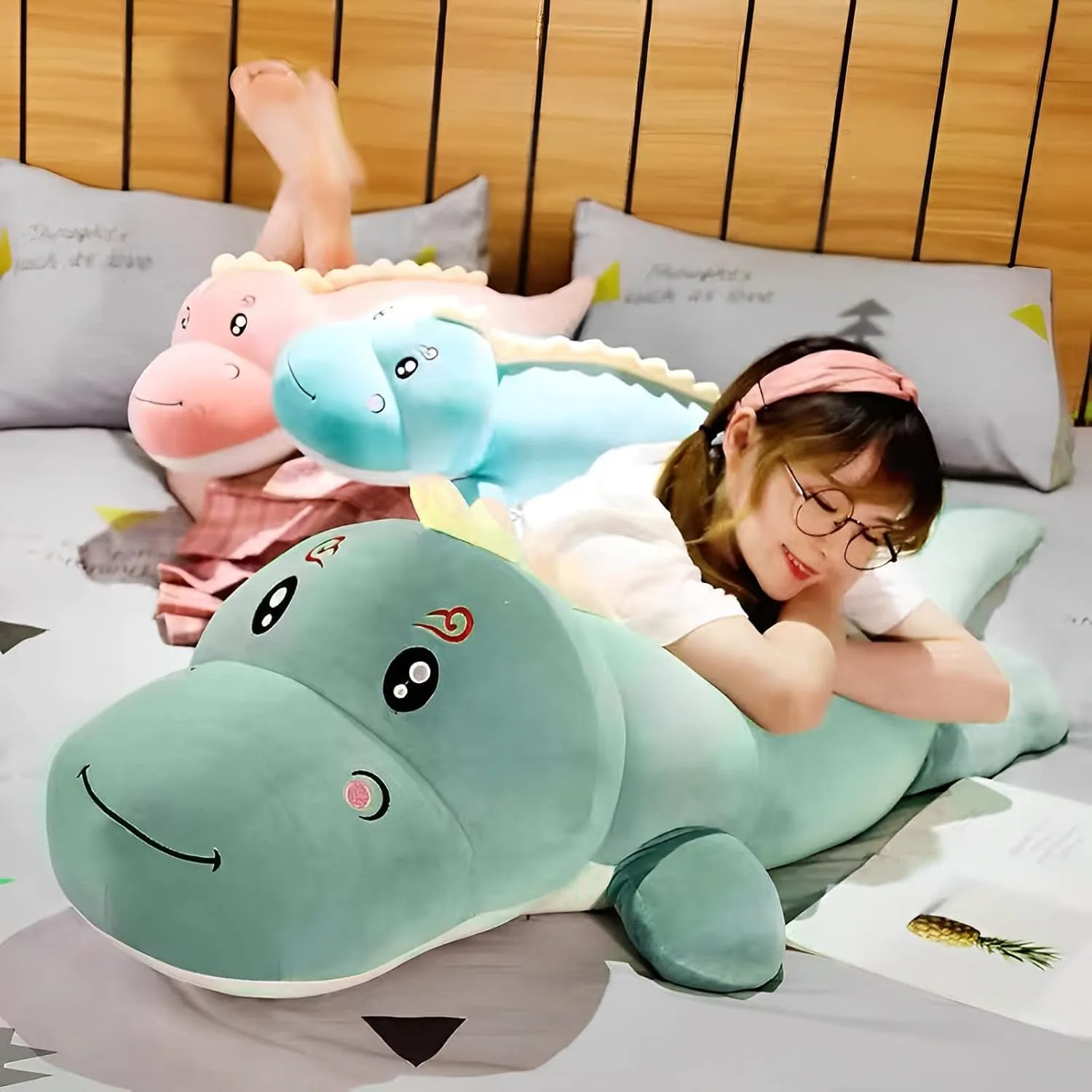 Dinosaur Plush Toy Pillow, Soft Lumbar Back Cushion Big Dinosaur Plushies Stuffed Toy Cute Pillows, Great Gift for Kids Birthday, Valentine (Green,39.3in)