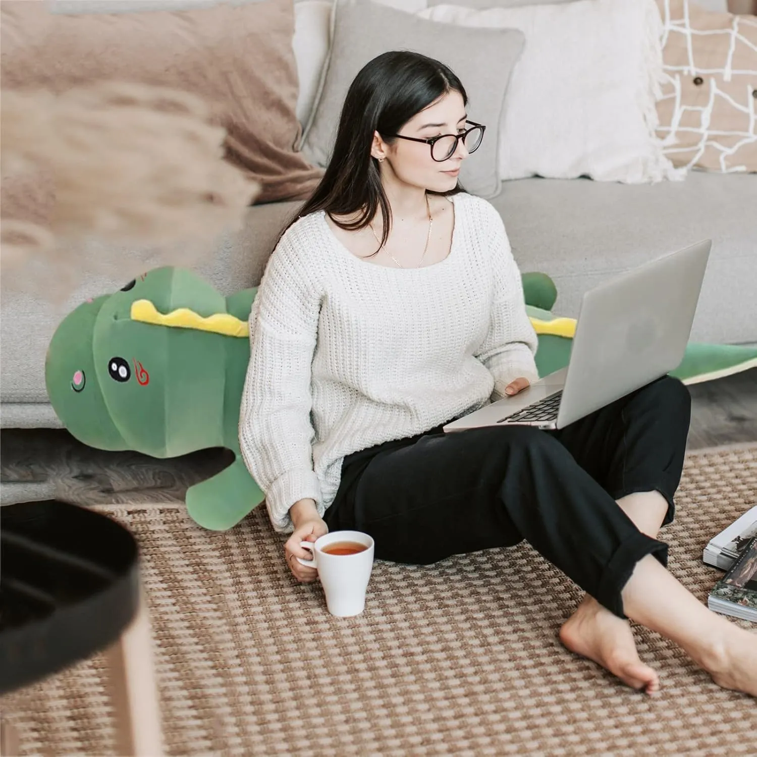 Dinosaur Plush Toy Pillow, Soft Lumbar Back Cushion Big Dinosaur Plushies Stuffed Toy Cute Pillows, Great Gift for Kids Birthday, Valentine (Green,39.3in)