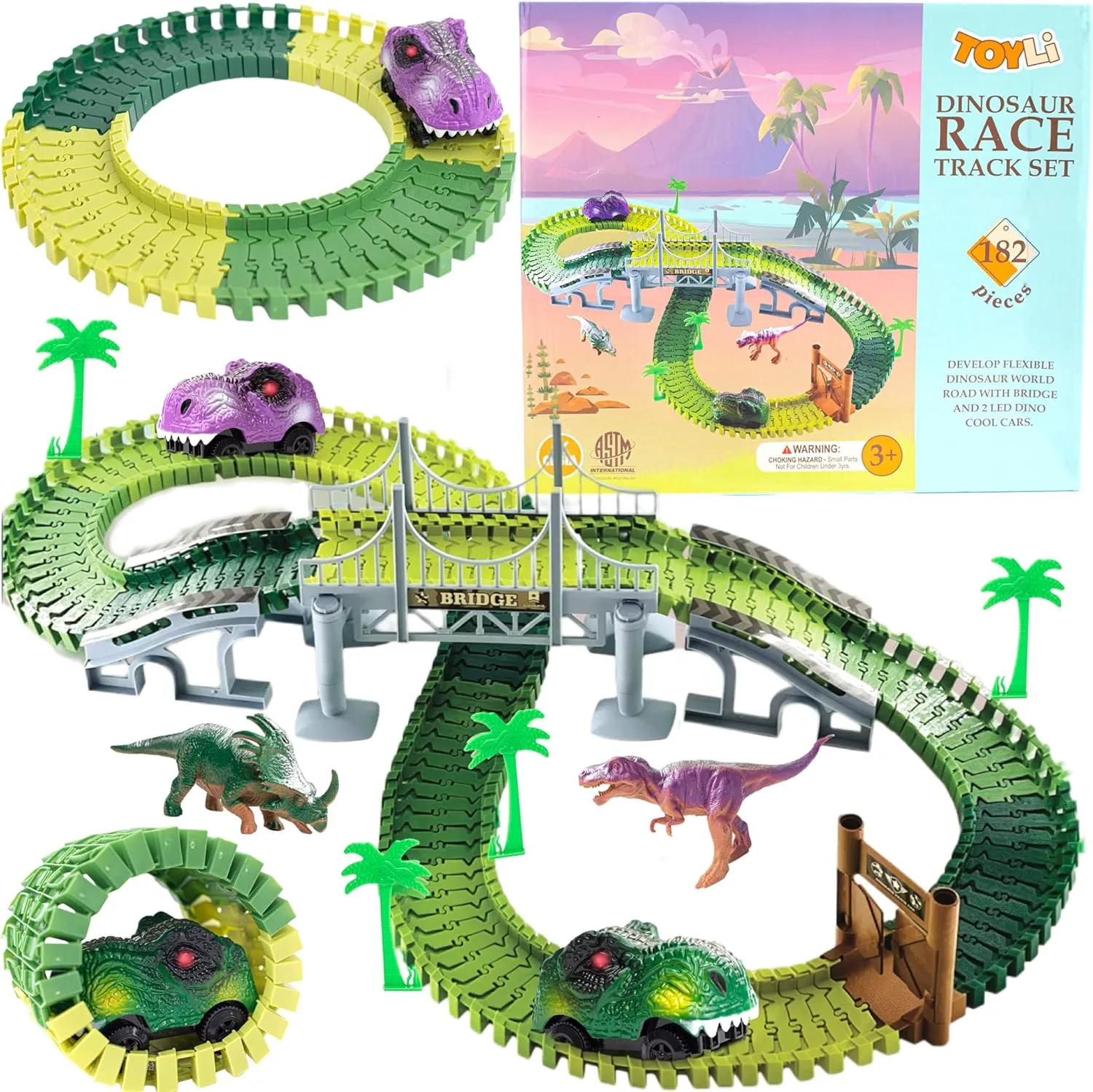 Dinosaur Race Track Set 182 Pieces, Dino Track Flexible Dinosaur Road Race Playset with Bridge, Ramps, Dinosaur Track Toy Set is a Great 3 Year Old boy Gift.