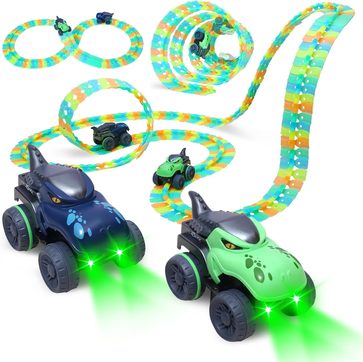 Dinosaur Race Track Set,Suction Cup Car Track,2 Racing Car with LED Light-UP,Flexible Changeable Magic Race Car Track Toys for Kids 3 4 5 6 7 8 Year Old as Birthday Toys Gift Christmas(291PCS)
