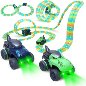 Dinosaur Race Track Set,Suction Cup Car Track,2 Racing Car with LED Light-UP,Flexible Changeable Magic Race Car Track Toys for Kids 3 4 5 6 7 8 Year Old as Birthday Toys Gift Christmas(291PCS)