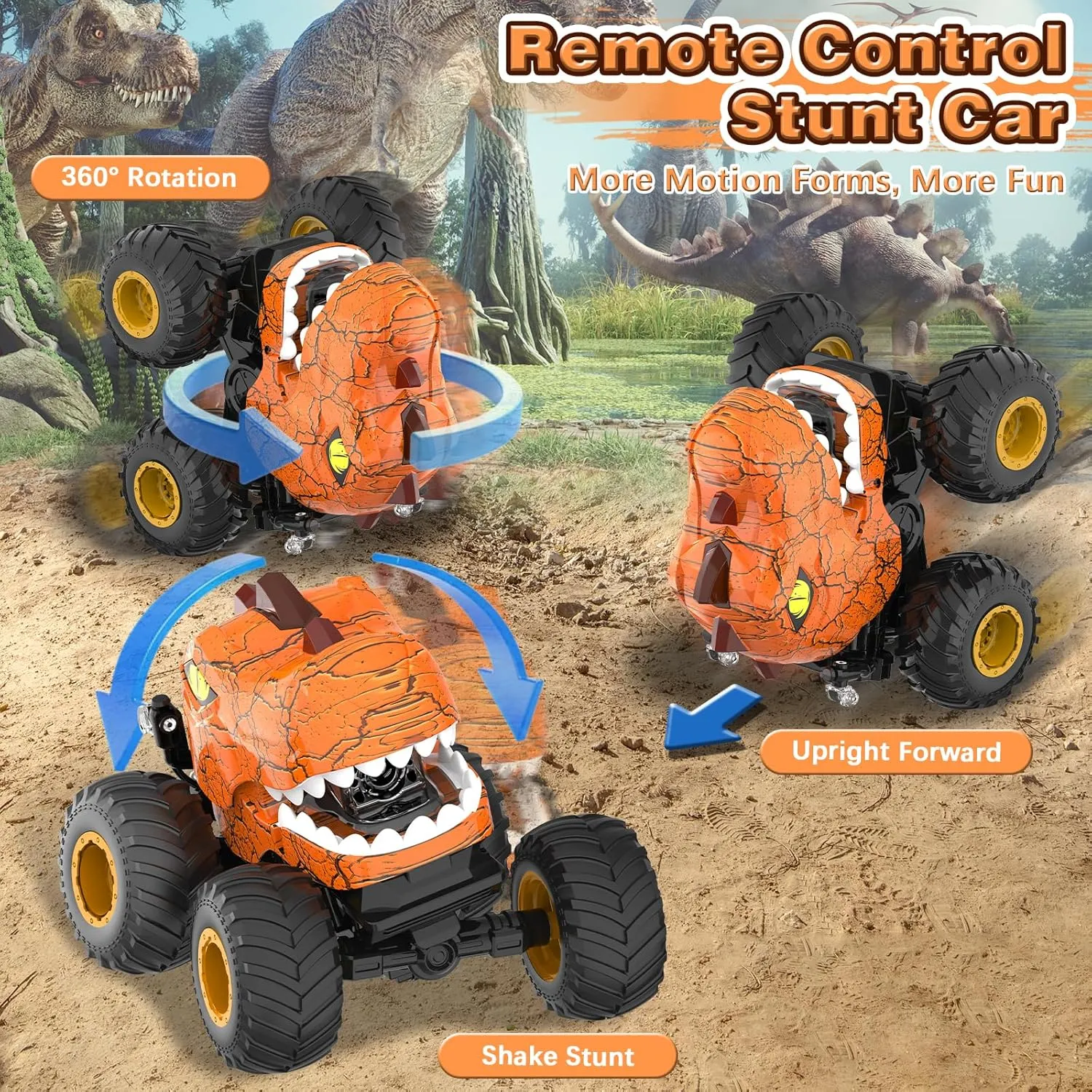 Dinosaur Remote Control Car - RC Toys for 4 5 6 7 8 Year Old Boys, 2.4Ghz RC Drift Monster Truck, 360°Rotating Stunt Car with Spray, Light & Sound, Birthday Xmas Gifts for Kids Age 4-6 5-7 8-12