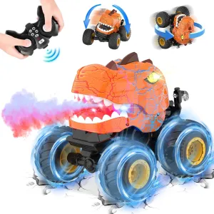 Dinosaur Remote Control Car - RC Toys for 4 5 6 7 8 Year Old Boys, 2.4Ghz RC Drift Monster Truck, 360°Rotating Stunt Car with Spray, Light & Sound, Birthday Xmas Gifts for Kids Age 4-6 5-7 8-12