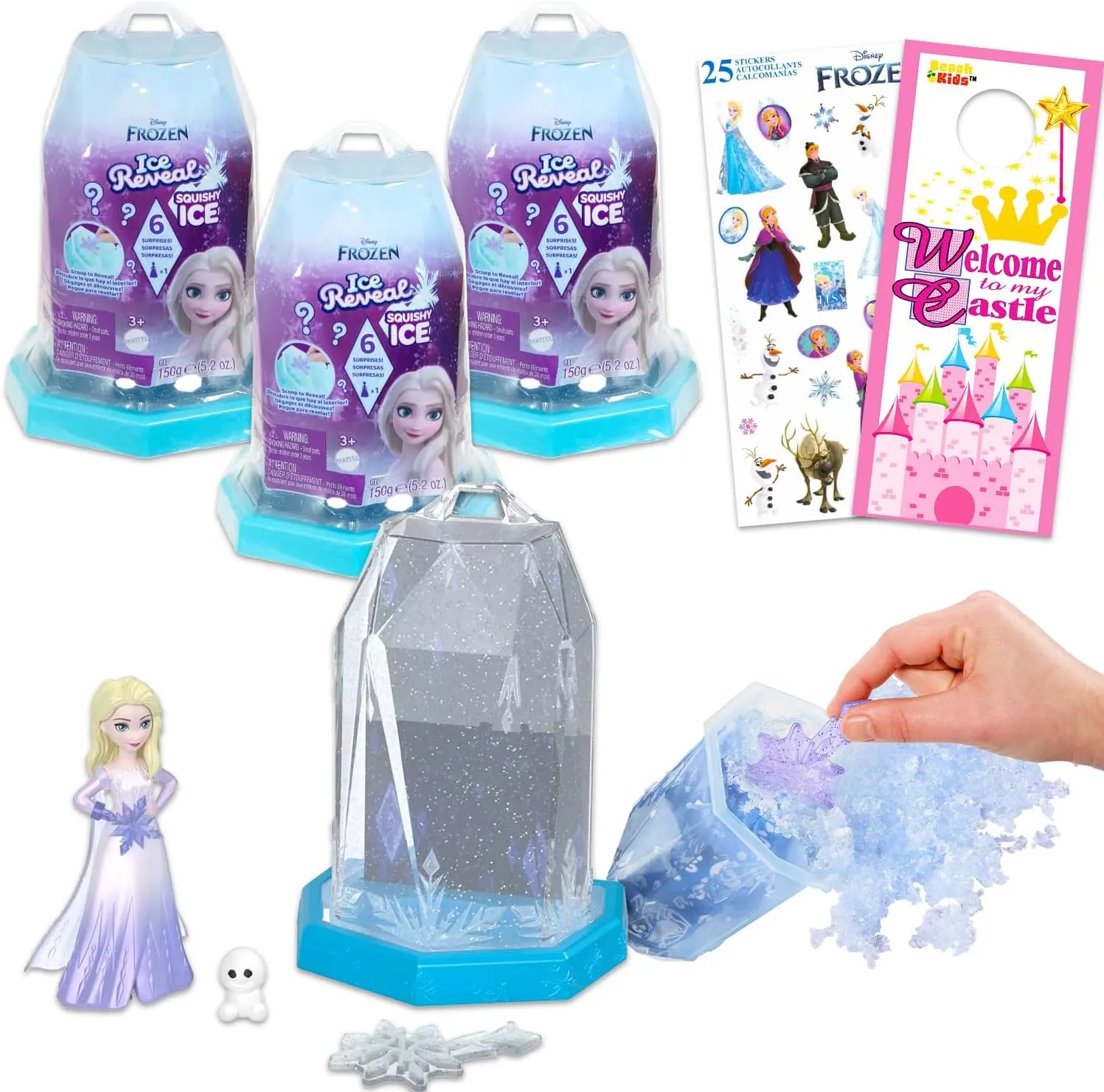 Disney Frozen Ice Reveal Toys - Bundle with 3 Surprise Reveal Toy Doll Blind Capsules Plus Stickers, More | Elsa Frozen Mystery Figures for Kids