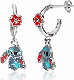 Disney Lilo & Stitch Hoop Earrings for Women – Officially Licensed Enamel and Silver Flash-Plated Stitch Dangle Earrings
