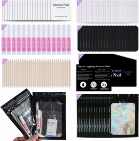 Disposable Nail Supplies Kits,Professional Manicure Press On Nail Tool Kit With Nail File,Adhesive Tabs,Nail Glue,Sticks, Prep Pads,Bags,Cards for Nail Business (Black-350pcs50set)