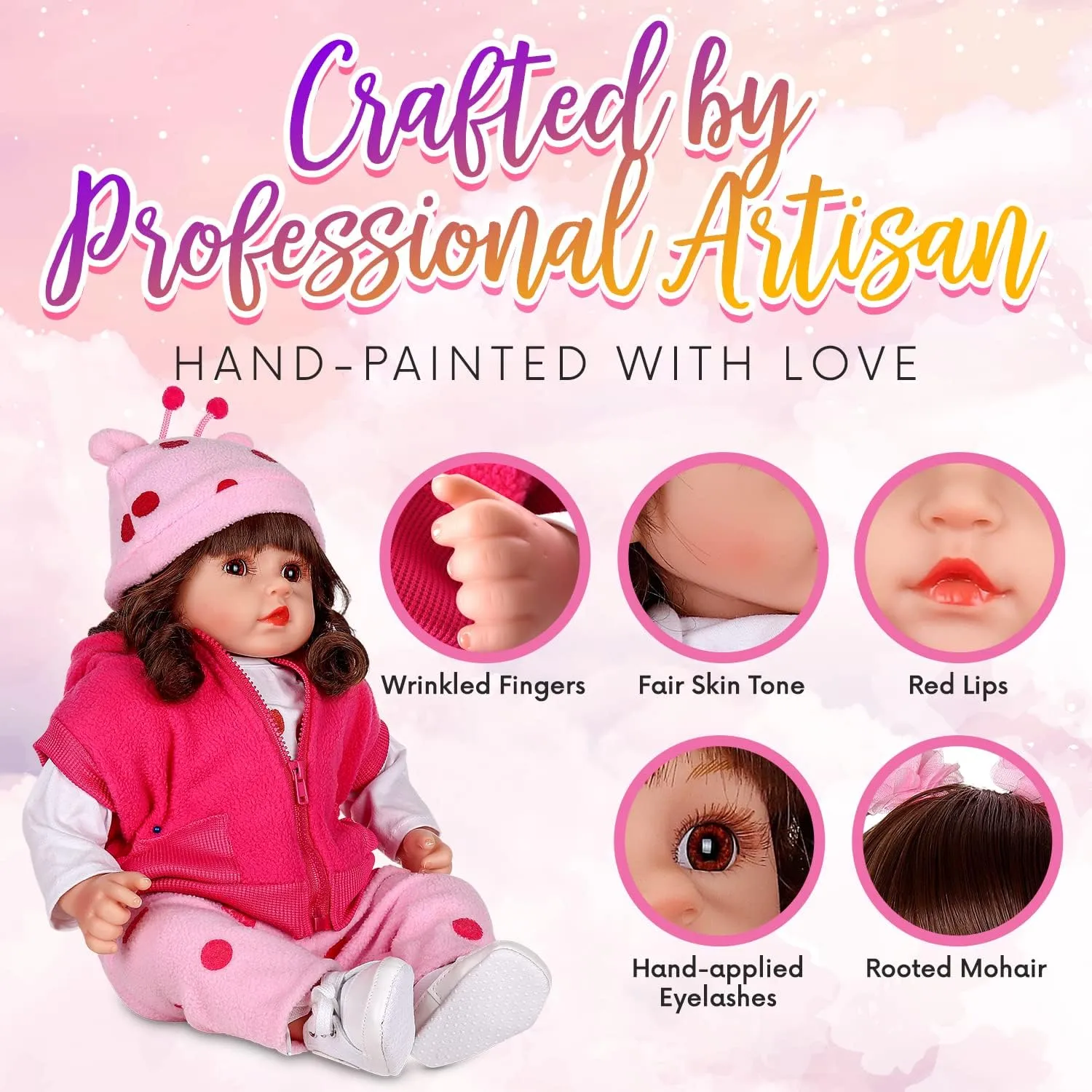 DOLLHOOD Reborn Baby Dolls - 18-Inch Realistic Baby Doll with Complete Baby Doll Accessories - Lifelike, Soft Newborn Girl Doll with 360° Movable Arms and Legs. Includes Birth Certificate