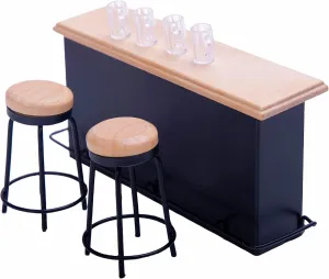 Dollhouse Furniture Mini Wooden Pub Table Set Miniature Bar Counter Chairs with Tiny Wine Bottle Magazine for Home Desktop Craft Decor Props