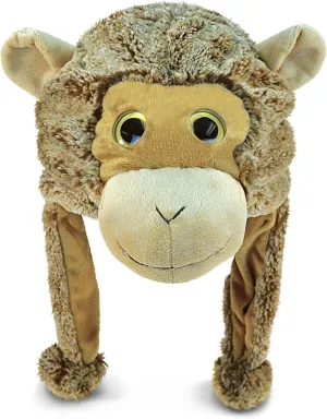DolliBu Brown Monkey Plush Hat - Super Soft Warm Hat with Ear Flaps, Funny Plush Party Crazy Hat, Stuffed Animal Monkey Halloween Costume Toy Hat, Cozy Fleece Winter Hat for Kids & Teens - One Size