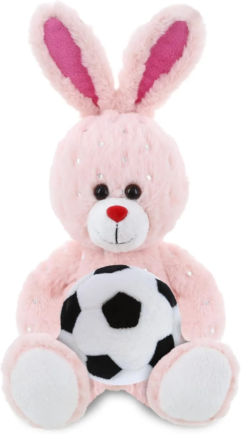DolliBu Rose Gold Bunny Stuffed Animal with Soccer Ball Plush - Soft Huggable Bunny, Adorable Playtime Sheep Plush Toy, Super Soft Plush Doll Animal Toy for Kids and Adults - 8 Inches