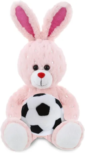 DolliBu Rose Gold Bunny Stuffed Animal with Soccer Ball Plush - Soft Huggable Bunny, Adorable Playtime Sheep Plush Toy, Super Soft Plush Doll Animal Toy for Kids and Adults - 8 Inches