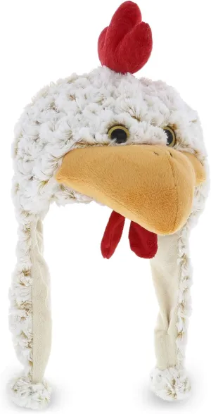 Dollibu White Rooster Plush Hat - Super Soft Warm Hat with Ear Flaps, Funny Plush Party Crazy Hat, Stuffed Animal Chicken Halloween Costume Toy Hat, Cozy Fleece Winter Hat for Kids & Teens - One Size