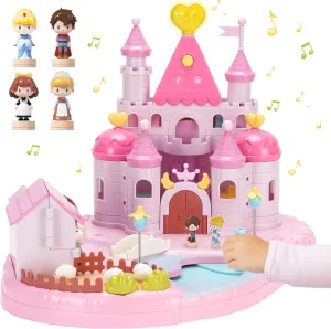 Dream Princess Castle Playset with 4 Magnetic Control Movable Little People Toys, Magnetic Doll House Building Toys with Light & Music for Pretend Play, Gift for Girls Toy Kids Ages 6 （Pink）