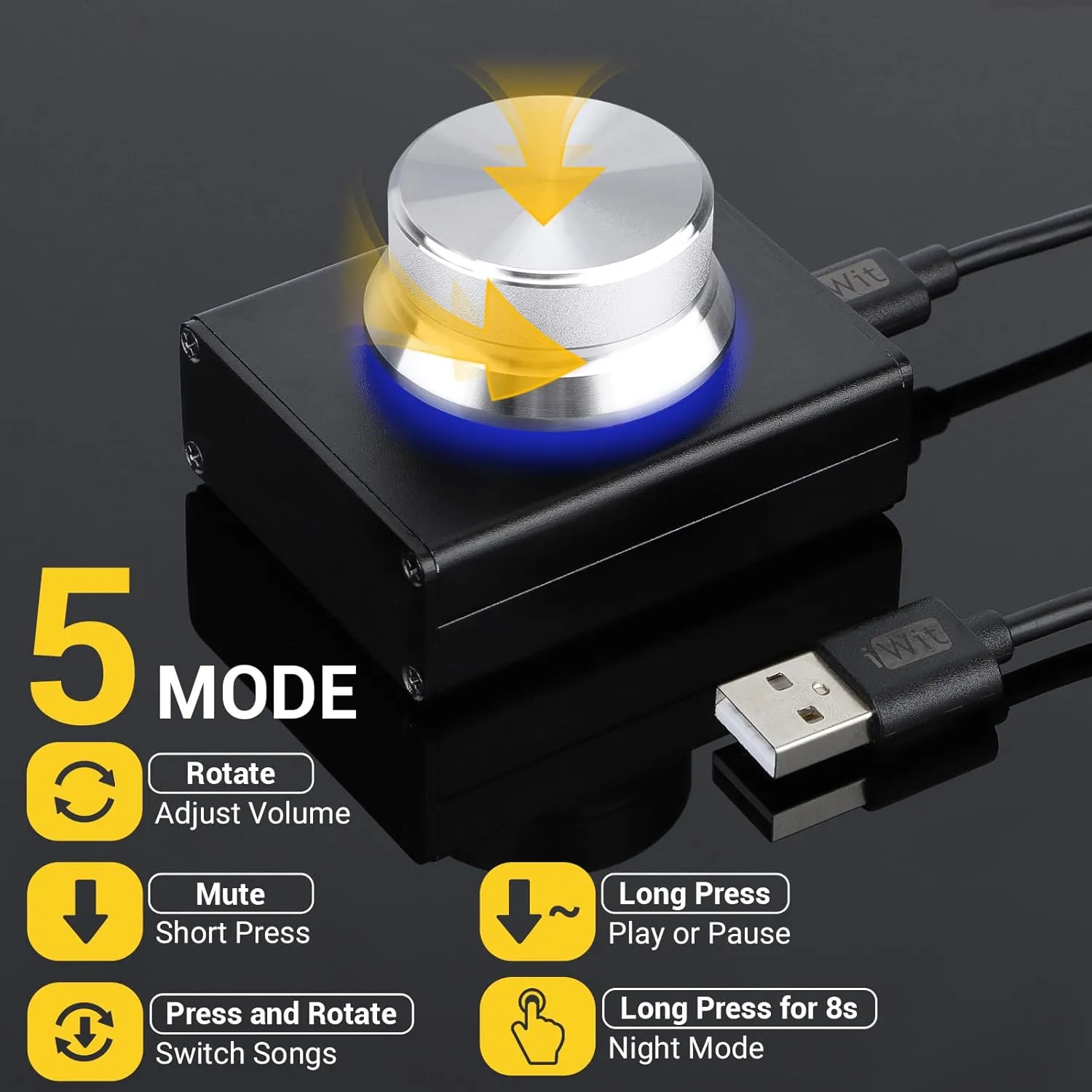 DROK USB Volume Control Knob - Computer Speaker External Volume Control with 1-Key Mute Function, Programmable, Compatible for PC/Mac/Android