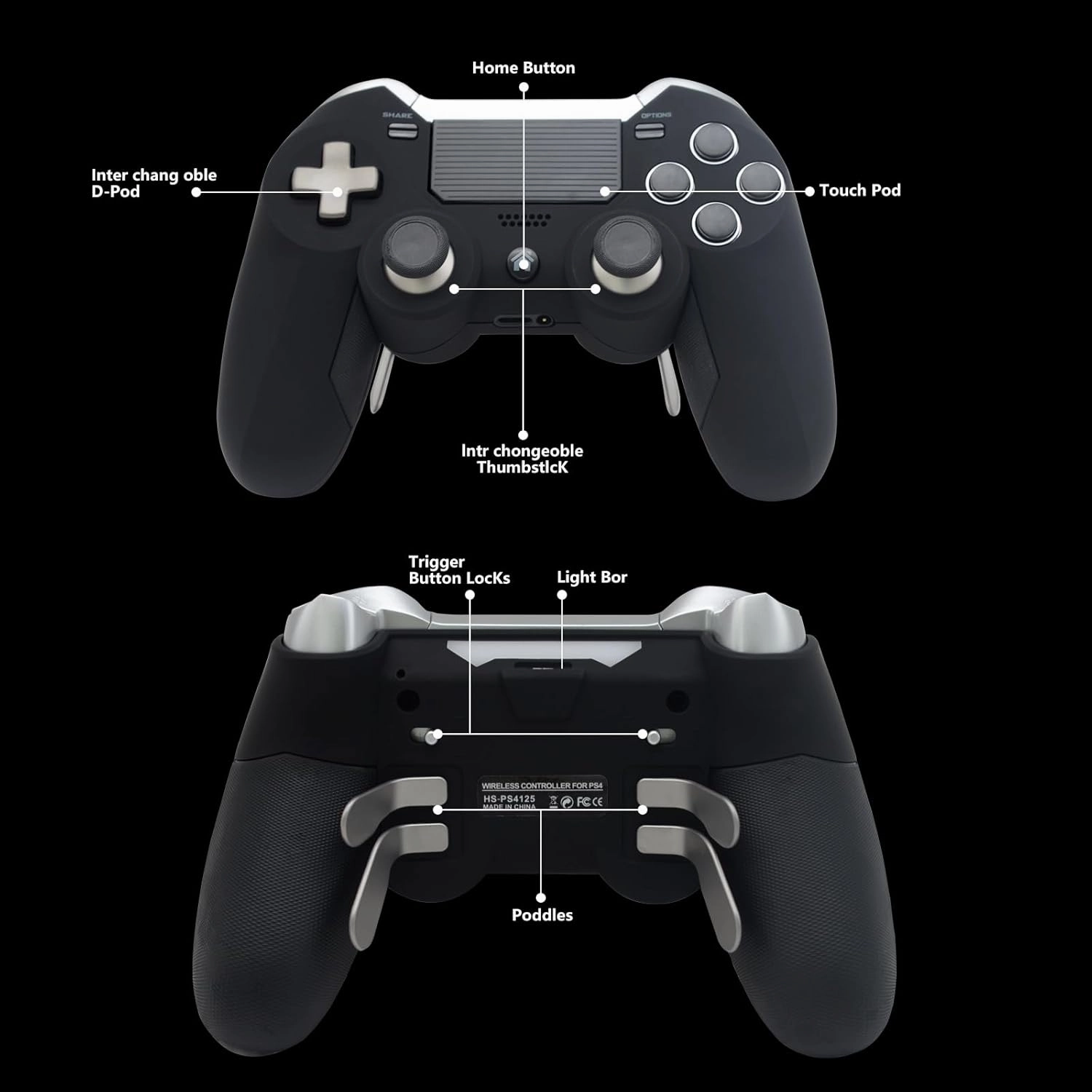 Eagolloar Modded Controller for PS4,Wireless Rapid Fire Scuf PS4 Elite Gaming Controller with Trigger Stops and Back Paddles for Remapping Buttons-Black
