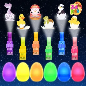 Easter Basket Stuffers, 24PCS Prefilled Easter Eggs with Finger Projector Lights, Easter Gifts for Kids Teens Toddler Girls Boys, Glow in The Dark Plastic Easter Eggs Filled Easter Decorations