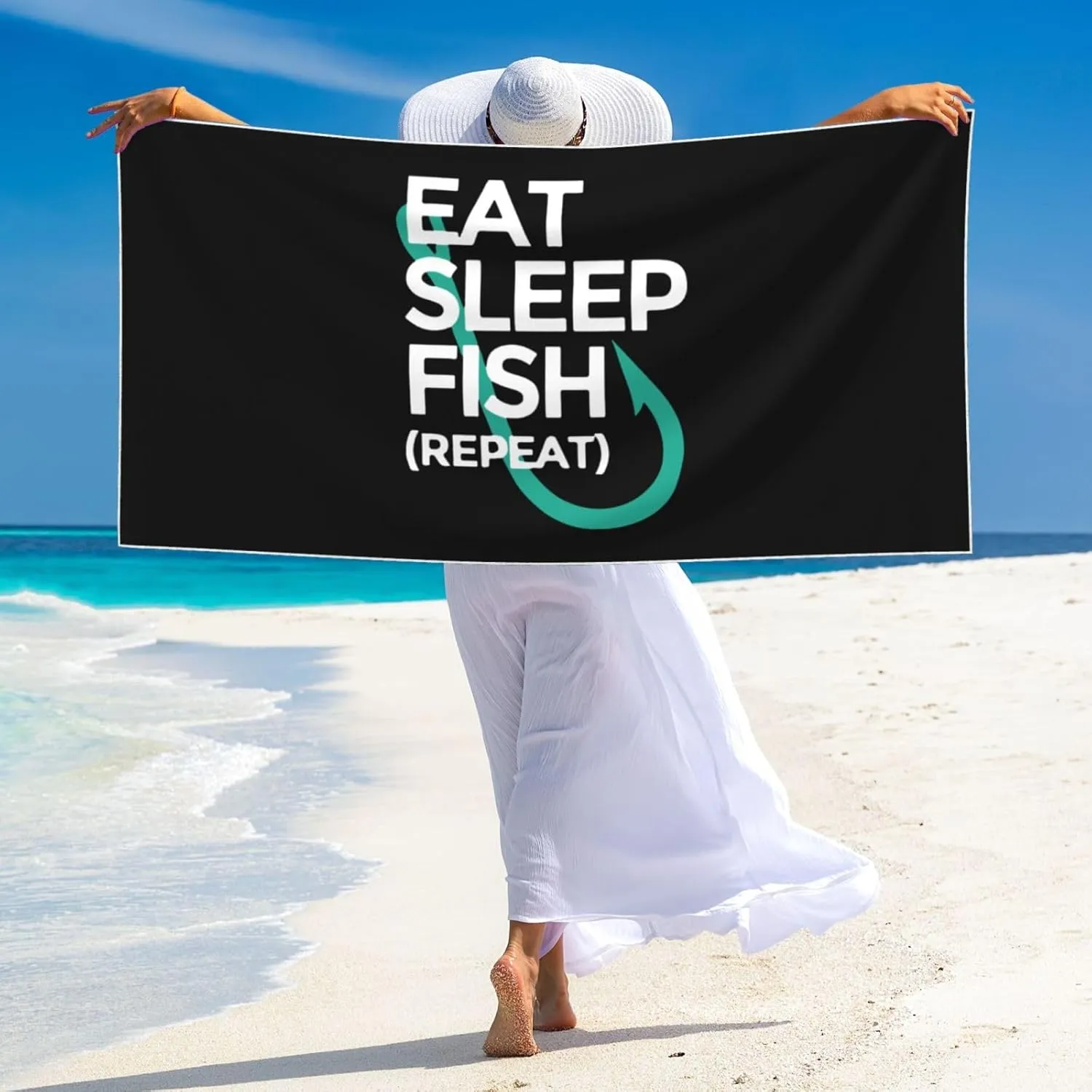 Eat Sleep Fish Repeat Large Beach Towel 27.5x55 Inches - Ultra Soft & Quick Dry, Lightweight Sand Towel for Pool, Travel, Summer | Bath Towel for Adults & Family