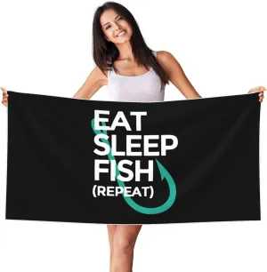 Eat Sleep Fish Repeat Large Beach Towel 27.5x55 Inches - Ultra Soft & Quick Dry, Lightweight Sand Towel for Pool, Travel, Summer | Bath Towel for Adults & Family