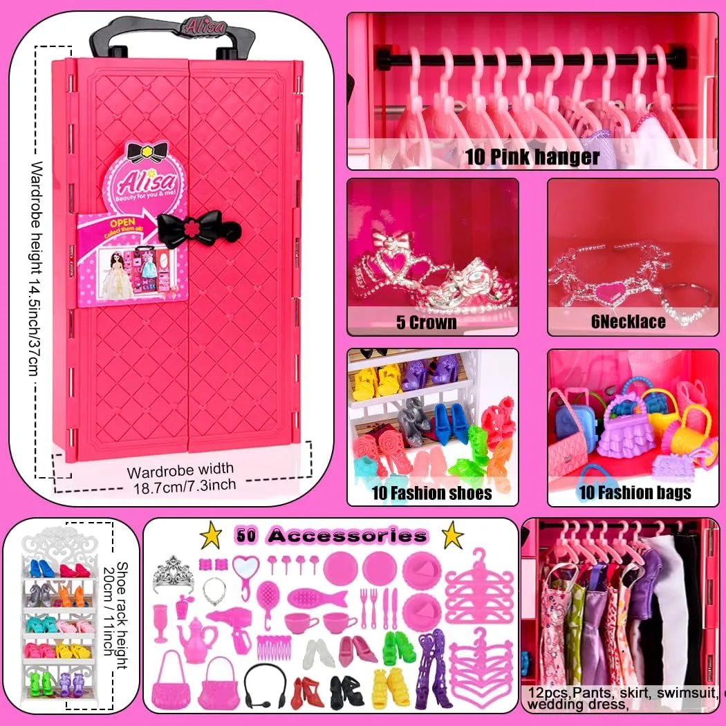ebuddy 105 Pcs Doll Closet Wardrobe Set - Including Wardrobe, Shoes Rack, Dress, Shoes Hangers, Necklace(No Doll)