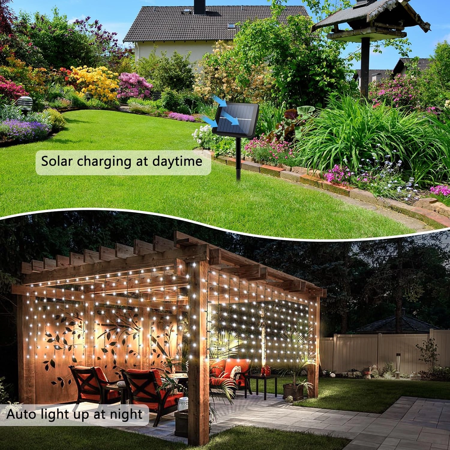 echosari Solar Powered Curtain Lights 33ftx 3ft 500 LED Outdoor Curtain Lights Waterproof with Timer 8 Modes for Christmas Garden Patio Fence Wedding Wall Window Gazebo Decor - Cool White