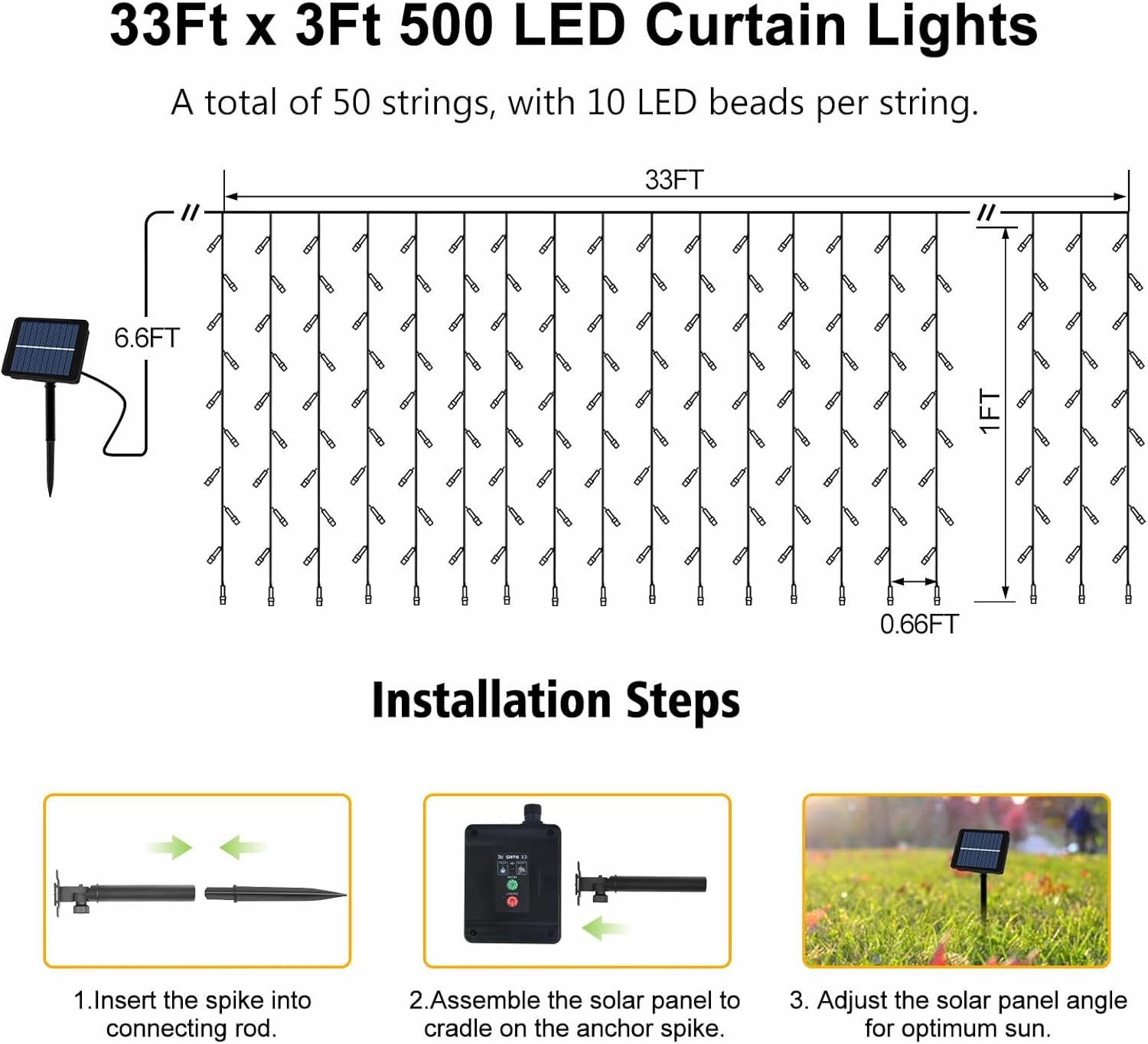echosari Solar Powered Curtain Lights 33ftx 3ft 500 LED Outdoor Curtain Lights Waterproof with Timer 8 Modes for Christmas Garden Patio Fence Wedding Wall Window Gazebo Decor - Cool White