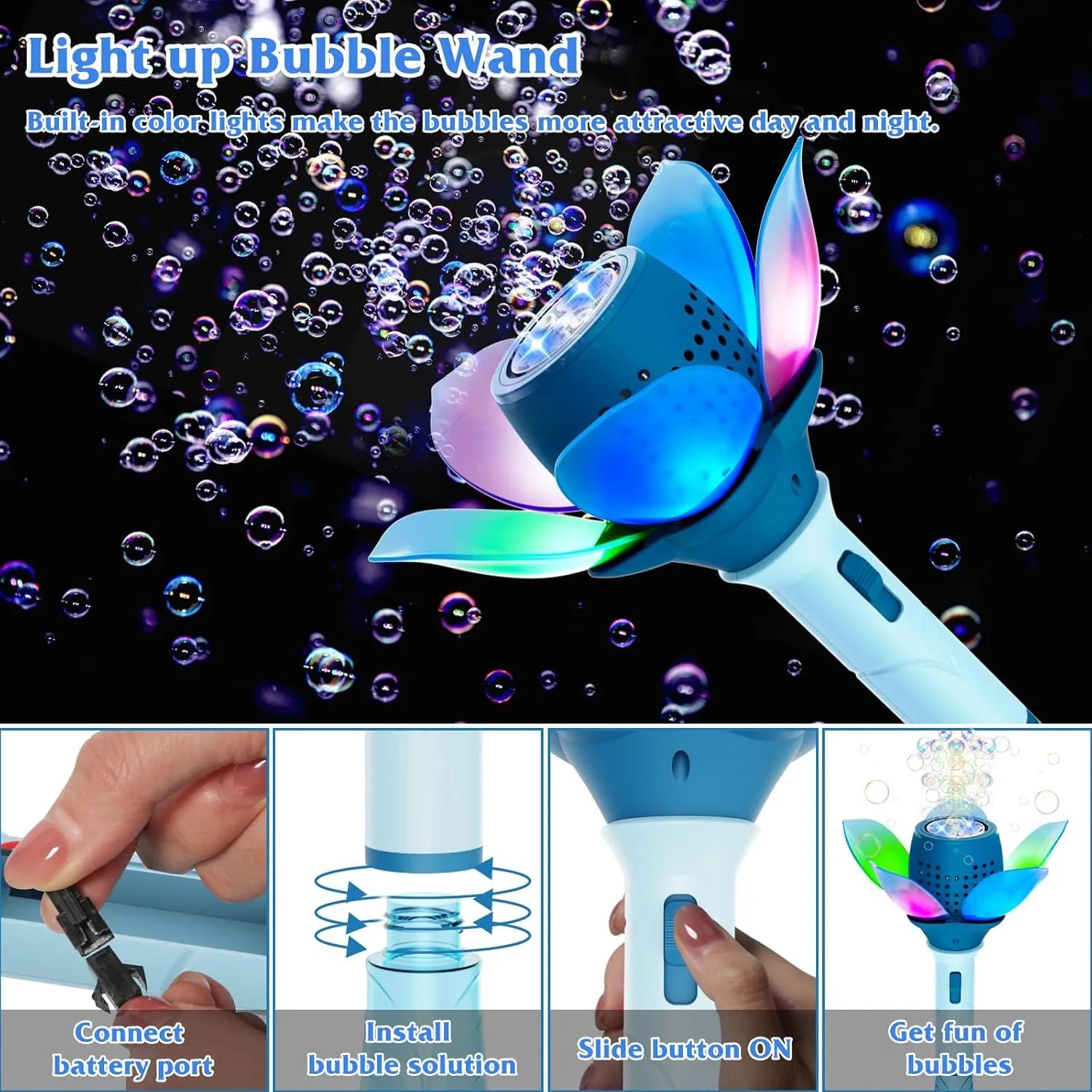 Electric Bubble Wand for Kids, Automatic Bubble Machine 10000  Bubbles Per Minute with Battery/Lights/120ml Solution, Light Up Flower Bubble Wand Bubble Toys for Summer Outdoor Party Wedding