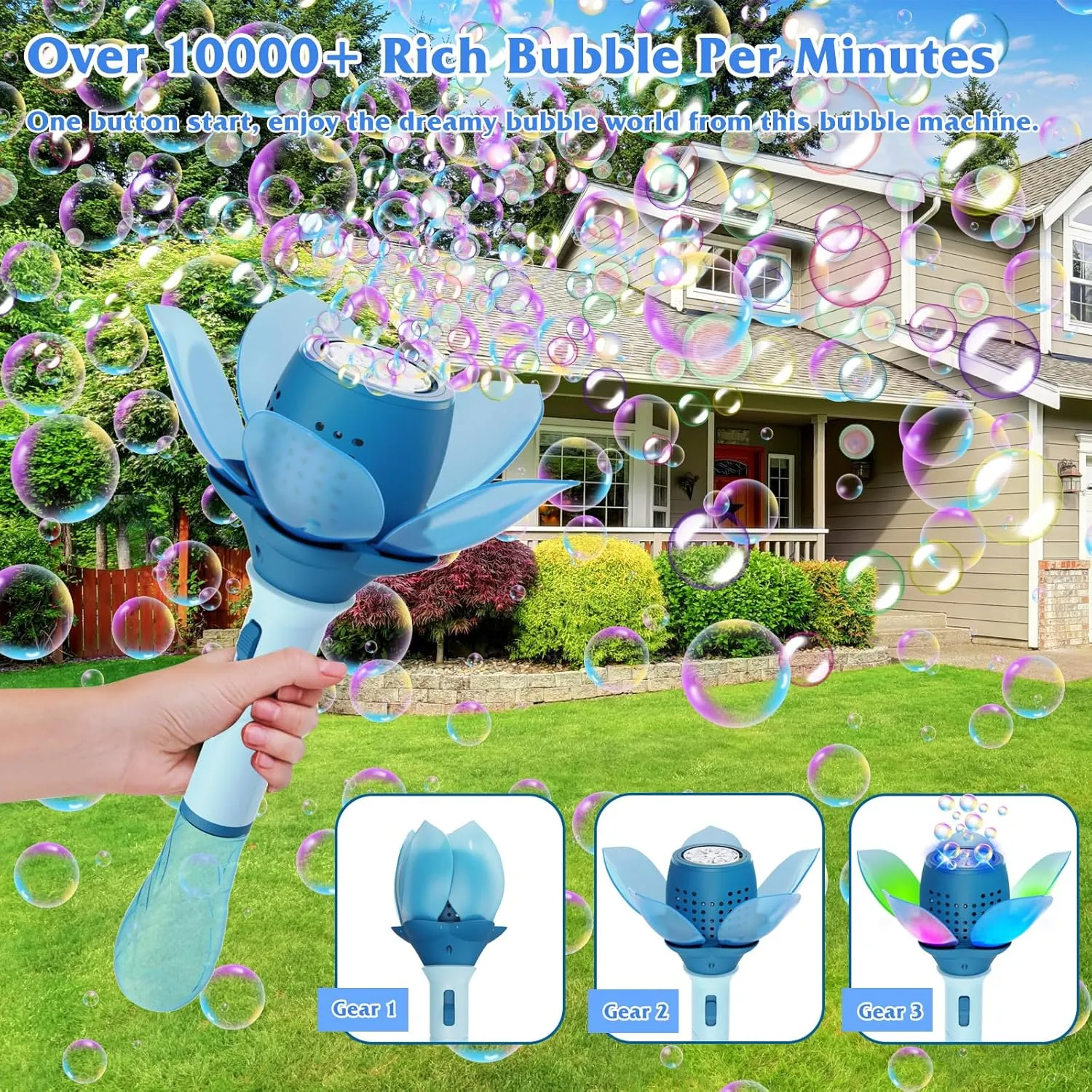 Electric Bubble Wand for Kids, Automatic Bubble Machine 10000  Bubbles Per Minute with Battery/Lights/120ml Solution, Light Up Flower Bubble Wand Bubble Toys for Summer Outdoor Party Wedding