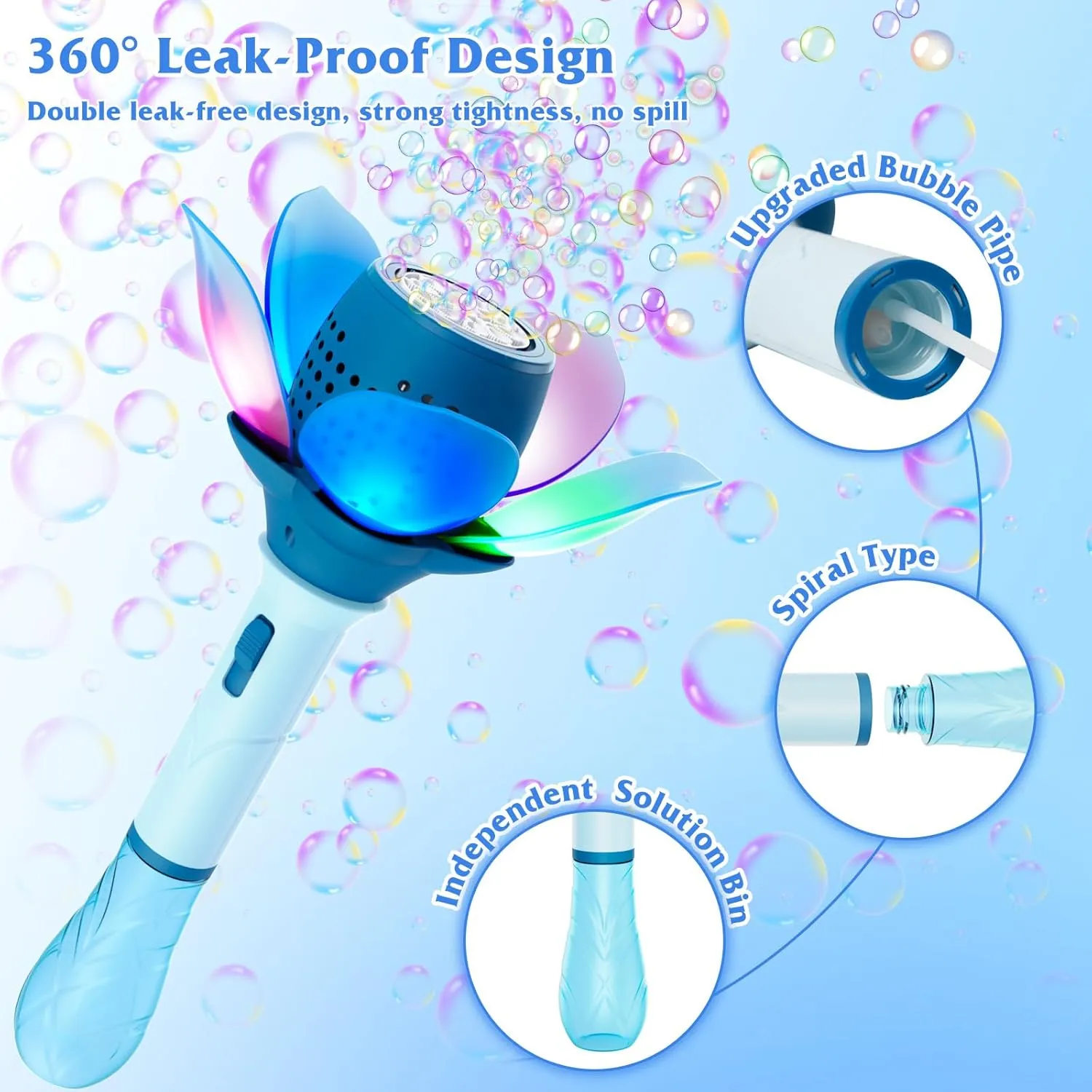 Electric Bubble Wand for Kids, Automatic Bubble Machine 10000  Bubbles Per Minute with Battery/Lights/120ml Solution, Light Up Flower Bubble Wand Bubble Toys for Summer Outdoor Party Wedding