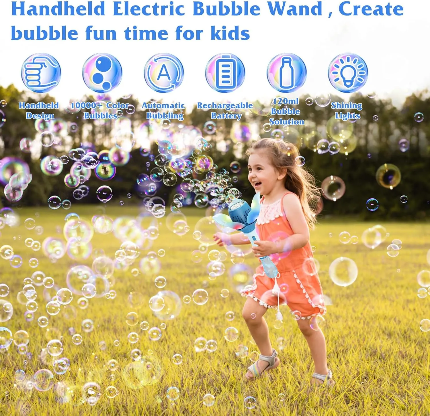 Electric Bubble Wand for Kids, Automatic Bubble Machine 10000  Bubbles Per Minute with Battery/Lights/120ml Solution, Light Up Flower Bubble Wand Bubble Toys for Summer Outdoor Party Wedding