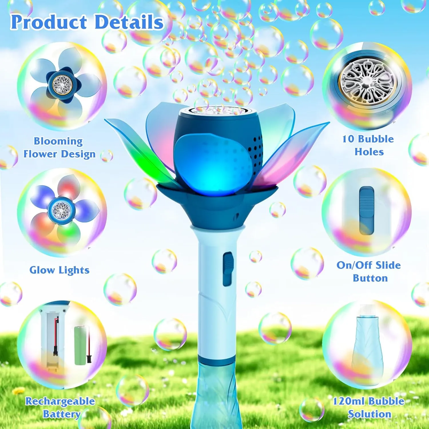 Electric Bubble Wand for Kids, Automatic Bubble Machine 10000  Bubbles Per Minute with Battery/Lights/120ml Solution, Light Up Flower Bubble Wand Bubble Toys for Summer Outdoor Party Wedding