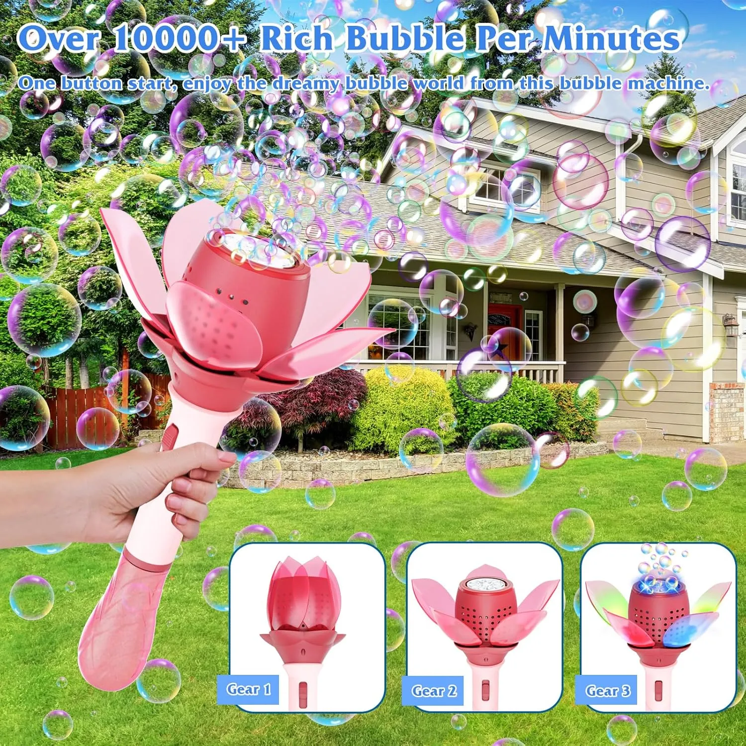 Electric Bubble Wand for Kids, Light Up Automatic Bubble Machine Blower with Lights/10000  Bubbles/120ml Solution, Rechargeable Flower Bubble Wand Maker Toys for Outdoor Party Wedding