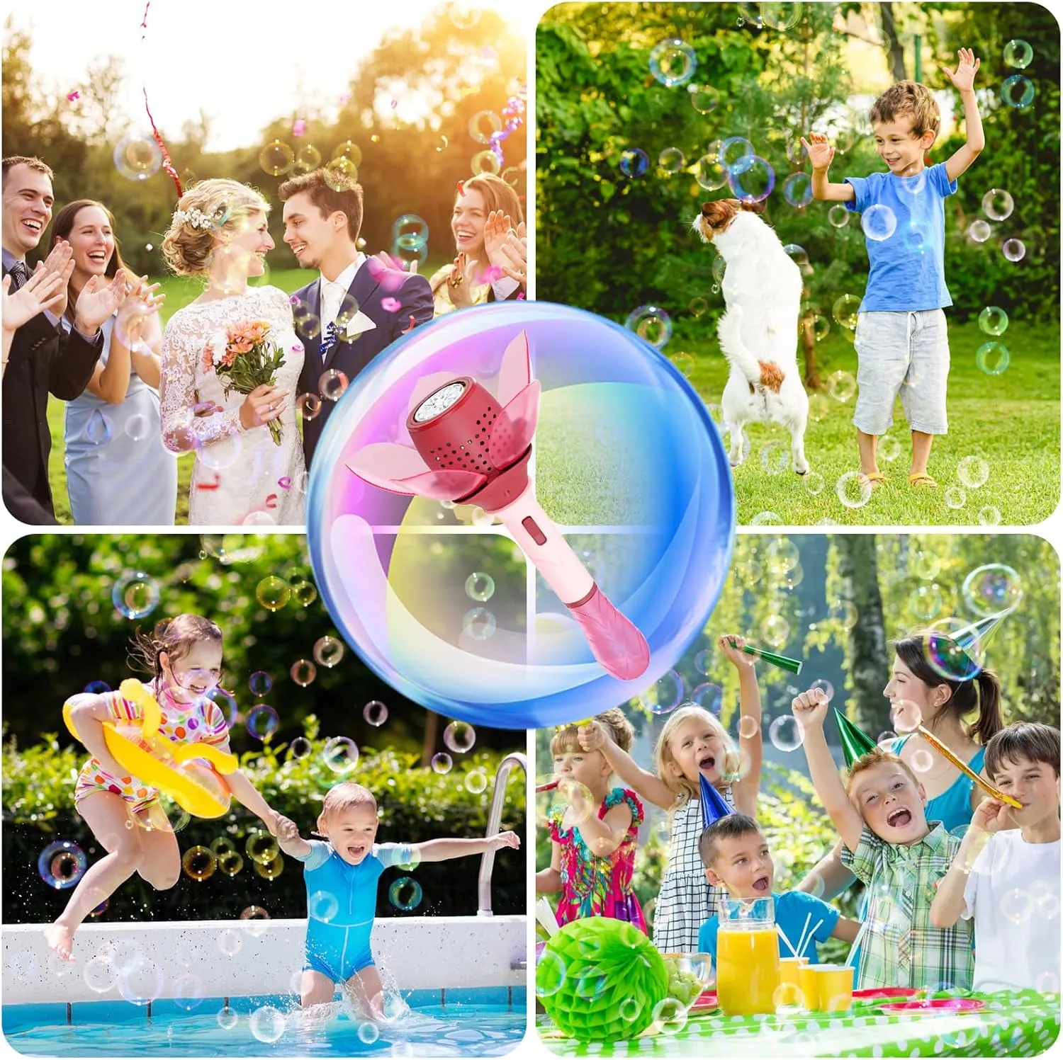 Electric Bubble Wand for Kids, Light Up Automatic Bubble Machine Blower with Lights/10000  Bubbles/120ml Solution, Rechargeable Flower Bubble Wand Maker Toys for Outdoor Party Wedding