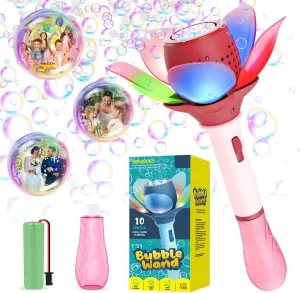 Electric Bubble Wand for Kids, Light Up Automatic Bubble Machine Blower with Lights/10000  Bubbles/120ml Solution, Rechargeable Flower Bubble Wand Maker Toys for Outdoor Party Wedding